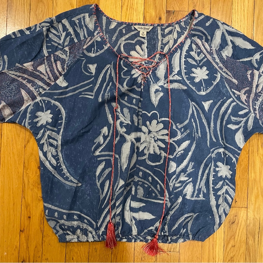 Lucky Brand blue patterned tunic with pink trim and tassels